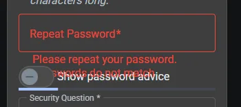 Registration form showing validation feedback overlapping the password help control.